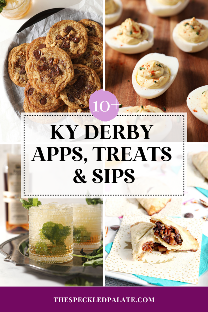 collage of four images showing different foods for a Kentucky Derby party with the text 10+ KY derby apps, treats and sips