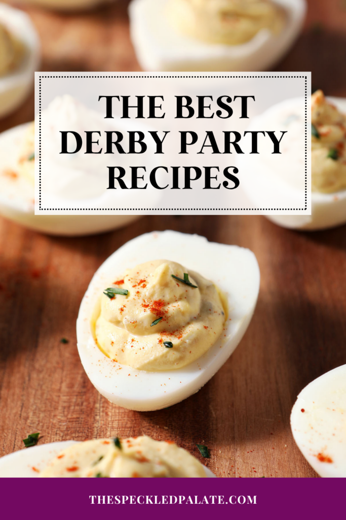 close up of deviled eggs on a wooden surface with the text the best derby party recipes