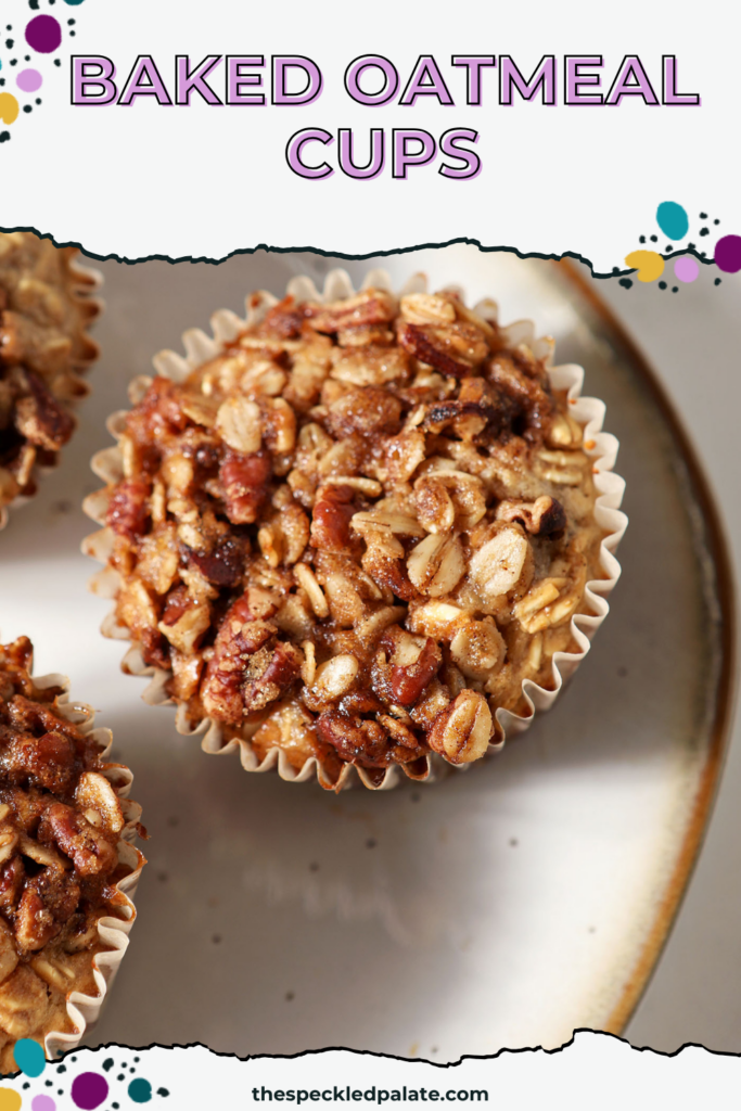 Closeup of a baked oatmeal cup on a plate from above with two more