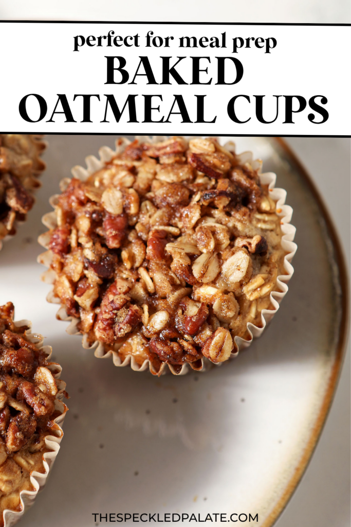 Closeup of a baked oatmeal cup on a plate from above with two more