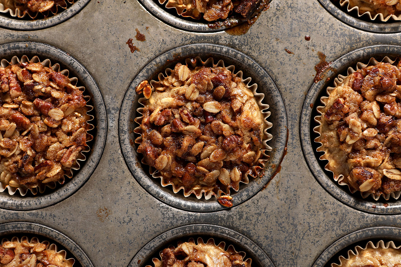 Oatmeal cups in a muffin tin, after baking