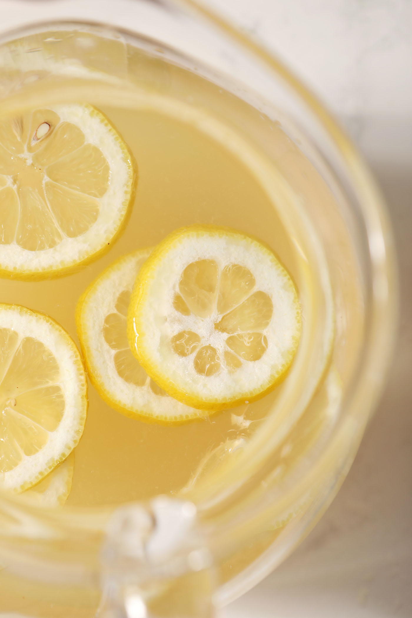 Close-up of brown sugar lemonade in a pitcher from above