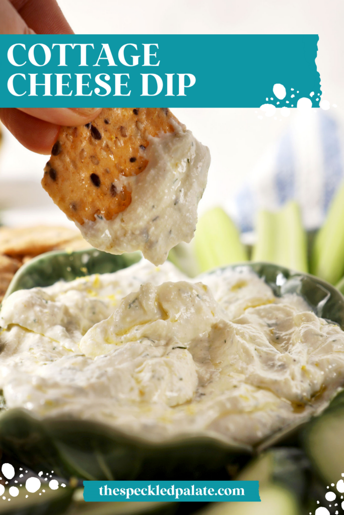 A cracker dips into a bowl of cottage cheese dip with the text cottage cheese dip