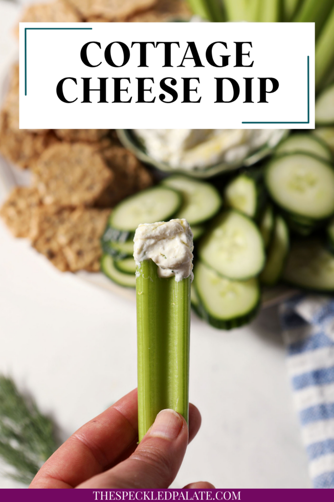 a celery stick holds a bite of cottage cheese dip above a platter with the text cottage cheese dip
