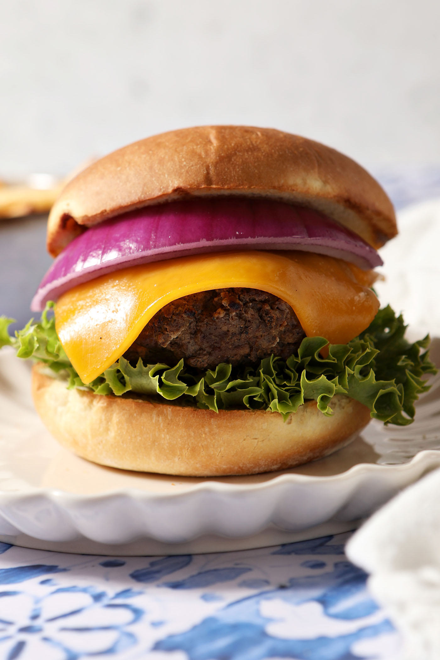 Close-up of a beef burger garnished with cheese, tomato, and purple onion on a plate.