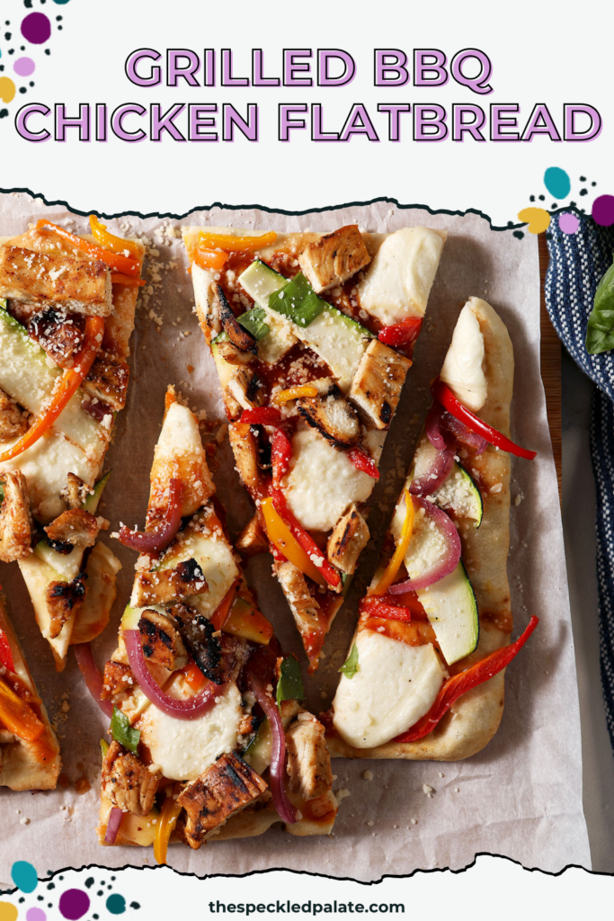 grilled bbq chicken and summer veggie flatbread cut into triangles on a wooden serving platter with the text "Grilled BBQ Chicken Flatbread"