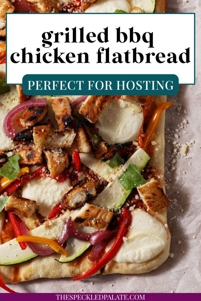 corner shot of a grilled bbq chicken and summer veggie flatbread on a wooden serving platter with the text "Grilled BBQ Chicken Flatbread"
