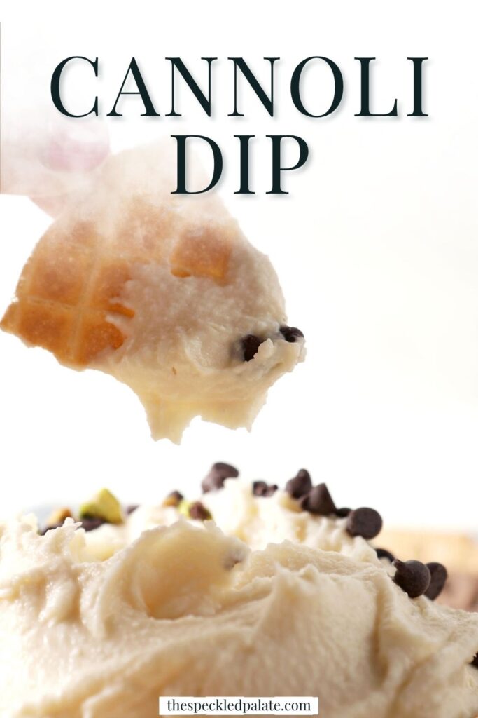A piece of a waffle cone dips into a whipped dip with the text cannoli dip