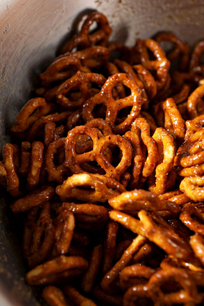 Pretzels tossed in a Cajun spice liquid mixture before baking