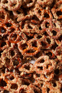 Close up of baked Toffee Pretzels on a sheet pan