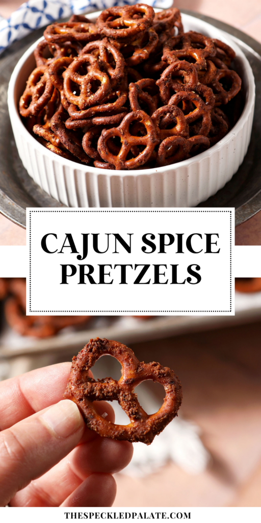 Close-up of Cajun pretzels in a white bowl on a silver tray with the Pinterest Title, " Cajun Spice Pretzels" on top.