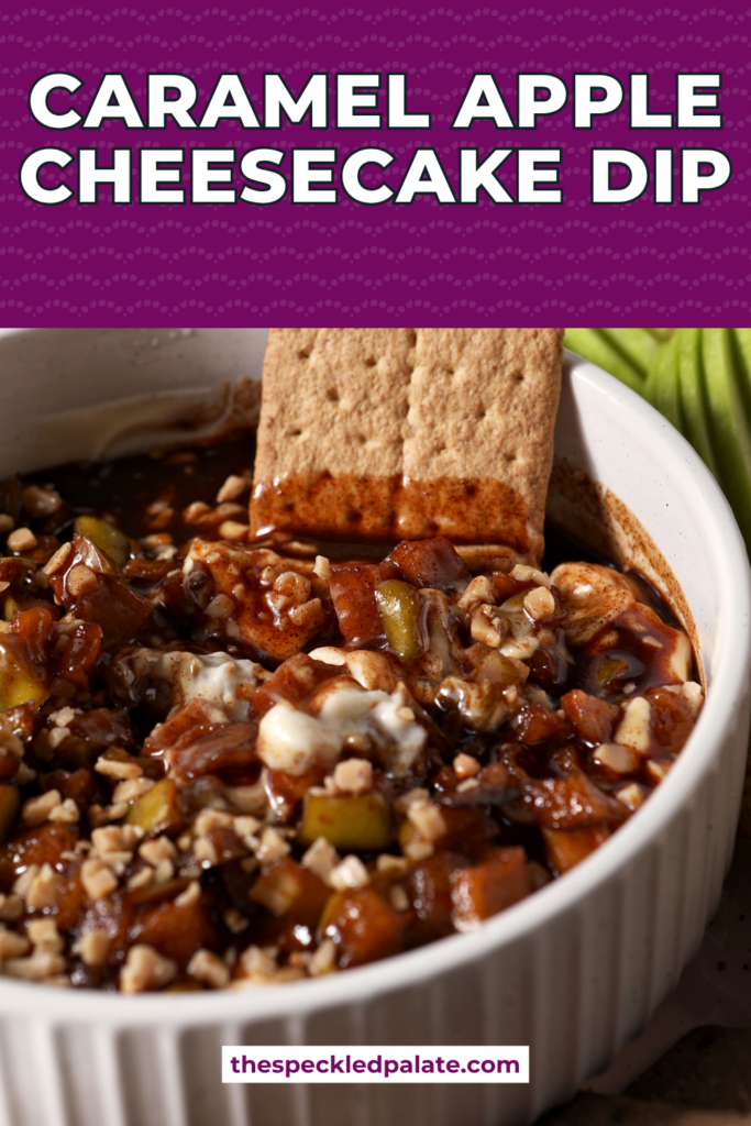 A graham cracker in Caramel Apple Cheesecake Dip in a white serving dish with different dippers around it.