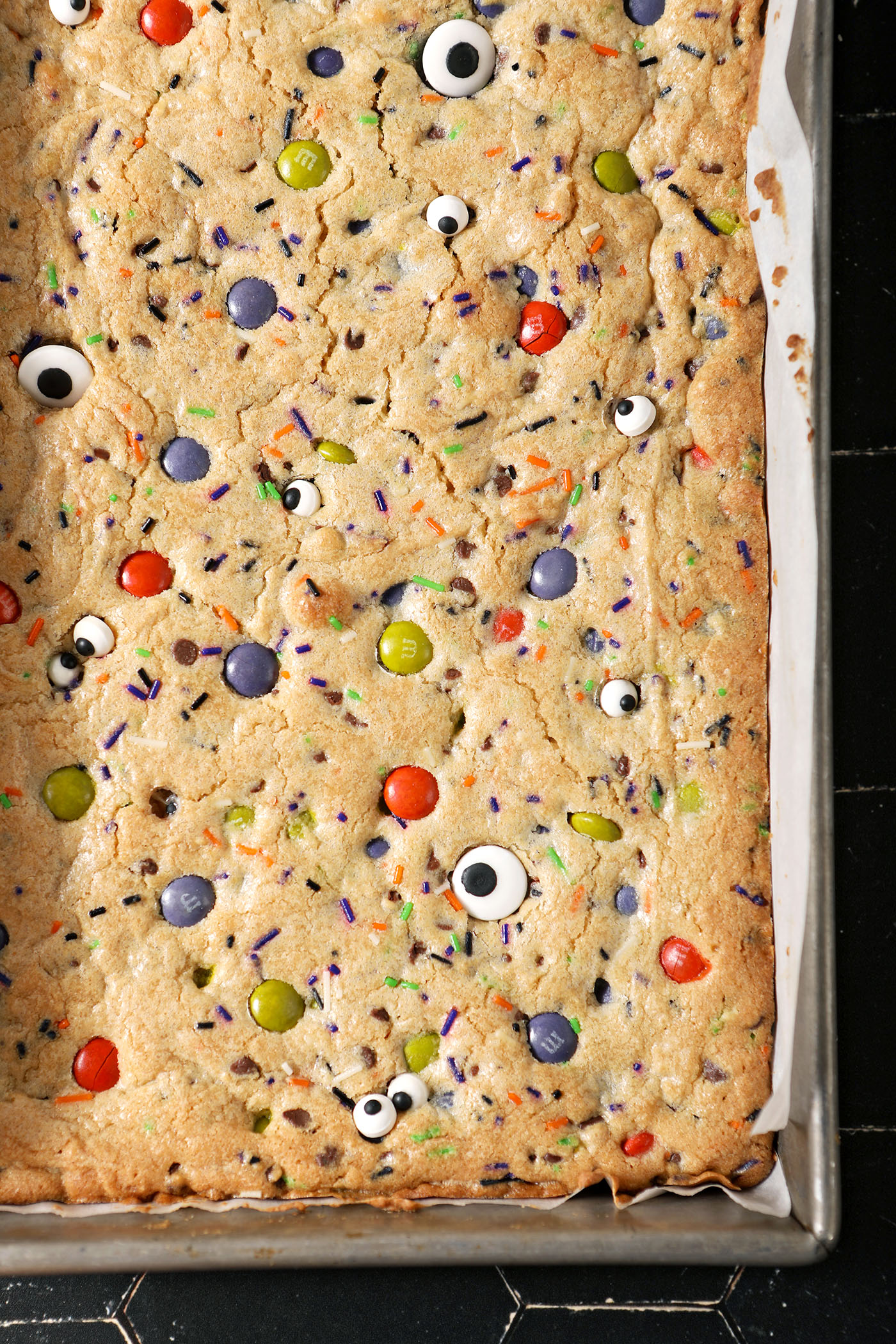 Close-up of Halloween M&M bar cookies after baking