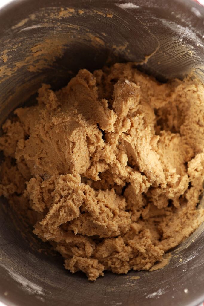 Cookie dough in a metal bowl