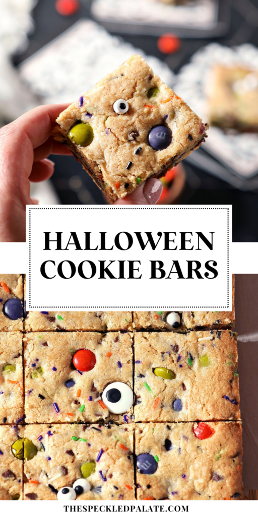 Sliced Halloween Cookie Bars on parchment paper with Pinterest Title, "Halloween Cookie Bars" on top.