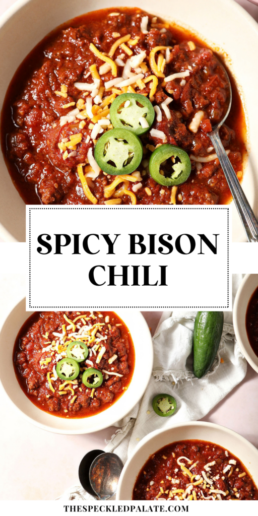A bowl of spicy bison chili from above with a spoon, garnished with shredded cheese and jalapeño with the Pinterest Title, "Spicy Bison Chili" in the middle then two more bowls of chili on a pink countertop below the text.